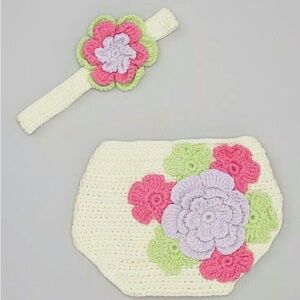 Floral Crochet Baby Hair Accessory Set - Cream, Pink, Green